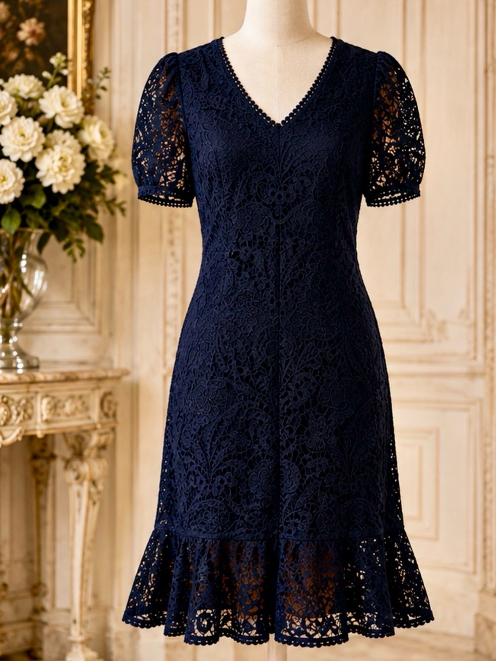 Express Navy Blue Lace Dress XL V-Neck Puff Sleeve Scalloped Hem Cocktail Party - Picture 2 of 11